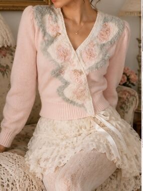 Vintage Early 80s Petite Pink Pearl Beaded Cardigan Sweater Coquette Cottagecore